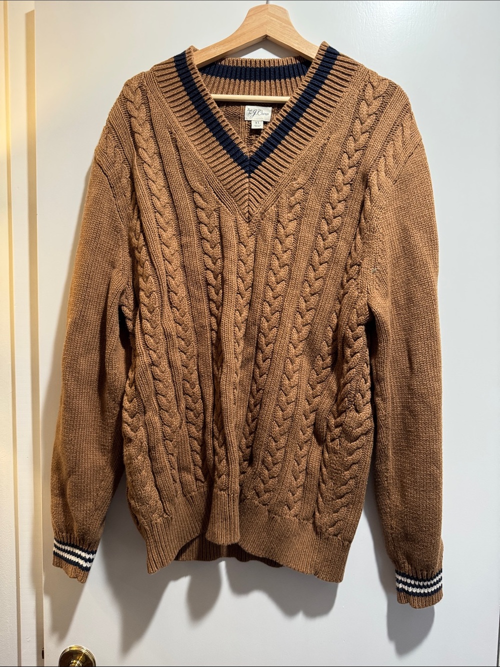 J. Crew Camel Cable Knit V-Neck Sweater with Navy Trim